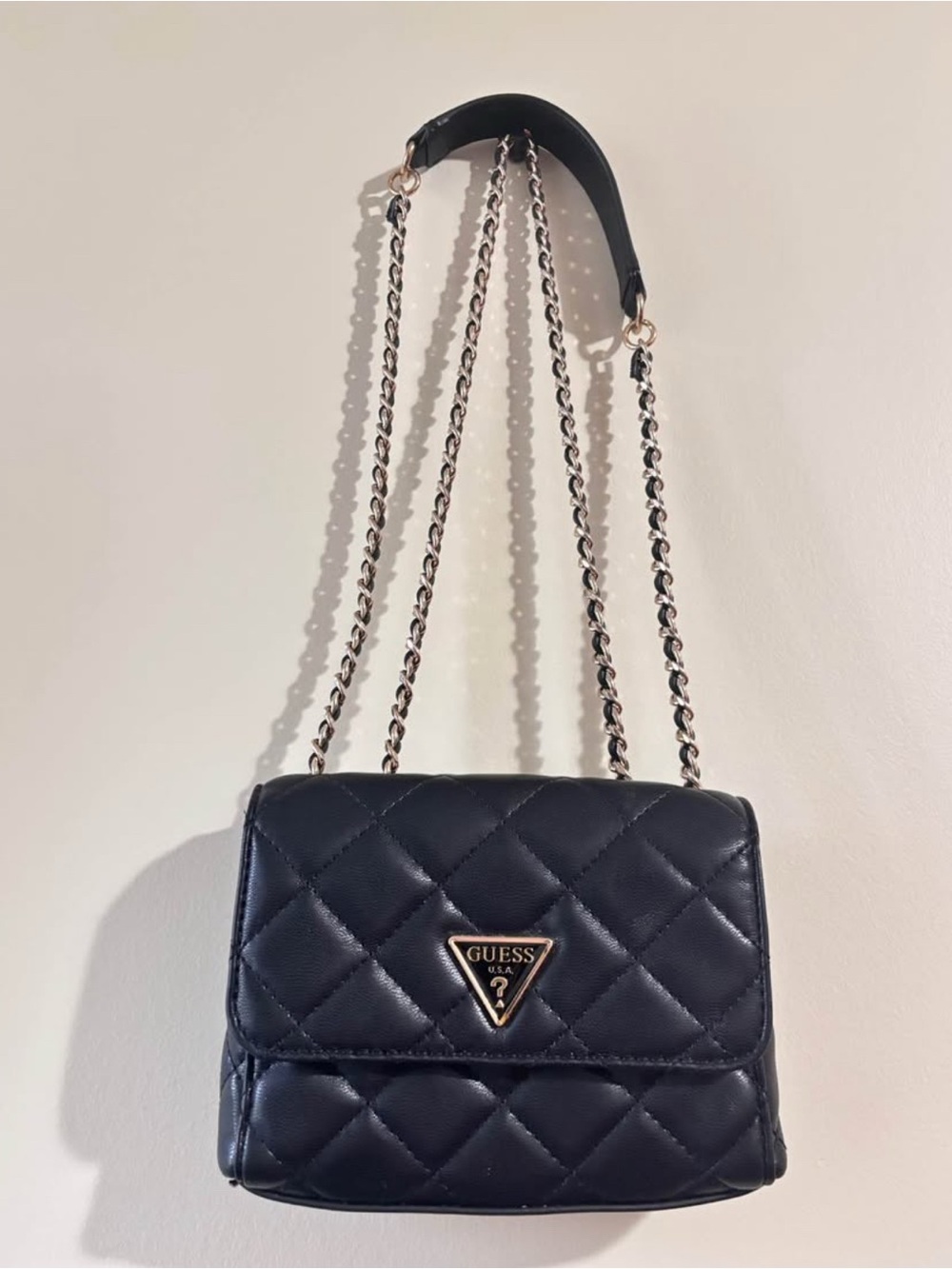 GUESS Black Quilted Crossbody with Gold Chain